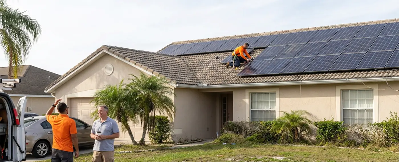 AllSolar Energy technicians installing solar panels on a Central Florida tile-roof home while the homeowner talks with the crew by the van